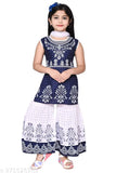 Navy Blue & White Printed Chanderi Cotton Kurta Set with Dupatta for Girls (1-2yrs, 2-3yrs) - Traditional Indian girls' outfit on display