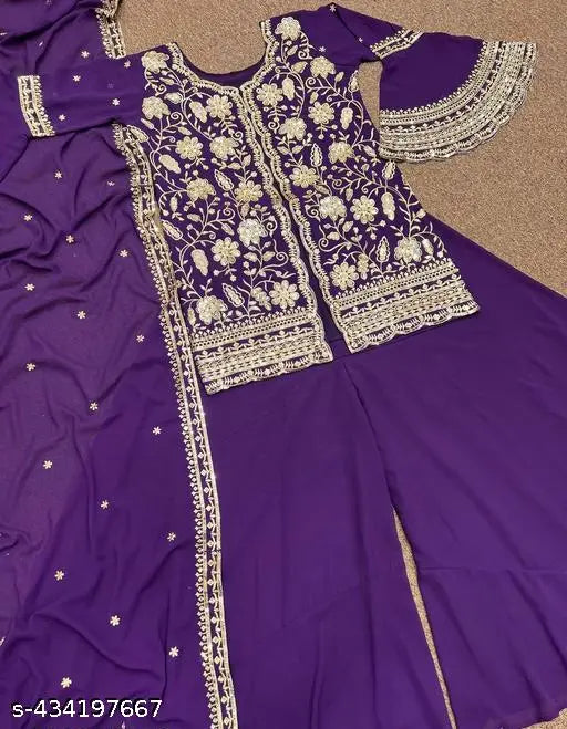 Purple Georgette kurta with dupatta and bottomwear, embroidered long sleeves, India-origin fashion wear