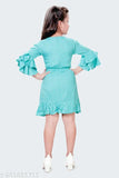 Green polyester three-quarter sleeve self-design net midi dress for girls (5-6yrs, 25in bust/24in length; 6-7yrs, 26in bust/26in length; 7-8yrs, 27in bust/28in length; 13-14yrs, 35in bust/35in length), features lining, zipper back, and knots on front. Pure cotton dress with frills, suitable for parties, casual wear, daily wear, and various occasions. Indian origin