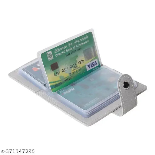 Grey PU Leather Business Card Holder, holds 24 cards & IDs, transparent PVC slots