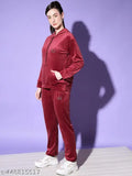 HF velvet maroon tracksuit set, solid-patterned velour top and trousers with long sleeves