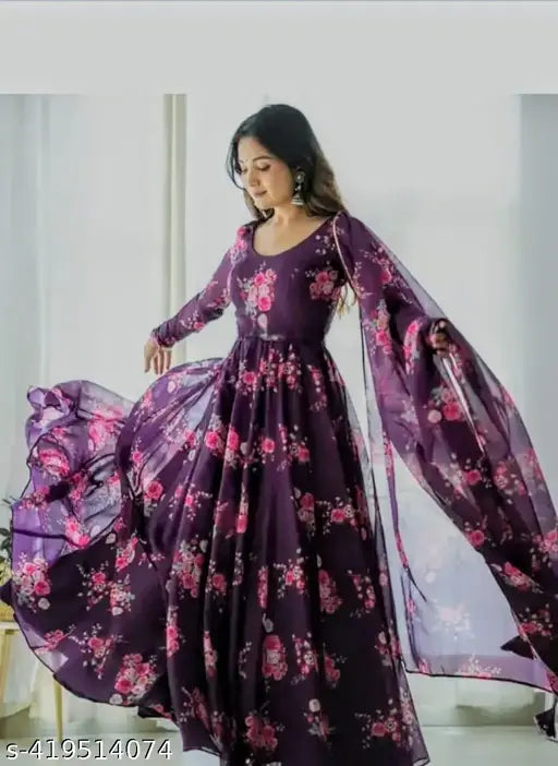 Printed Georgette Long Sleeve Dress, vibrant 'grown' pattern, Indian origin