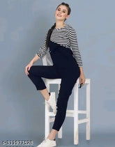 Navy blue cotton blend dungaree set for women and girls, three-quarter sleeves, solid pattern, striped top, trendy partywear fashion from SKH