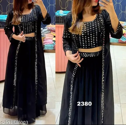 Black georgette lehenga with crop top and shrug, embroidery work for women's wedding party wear, Indian ethnic fashion for any occasion