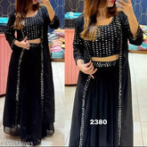 Black georgette lehenga with crop top and shrug, embroidery work for women's wedding party wear, Indian ethnic fashion for any occasion