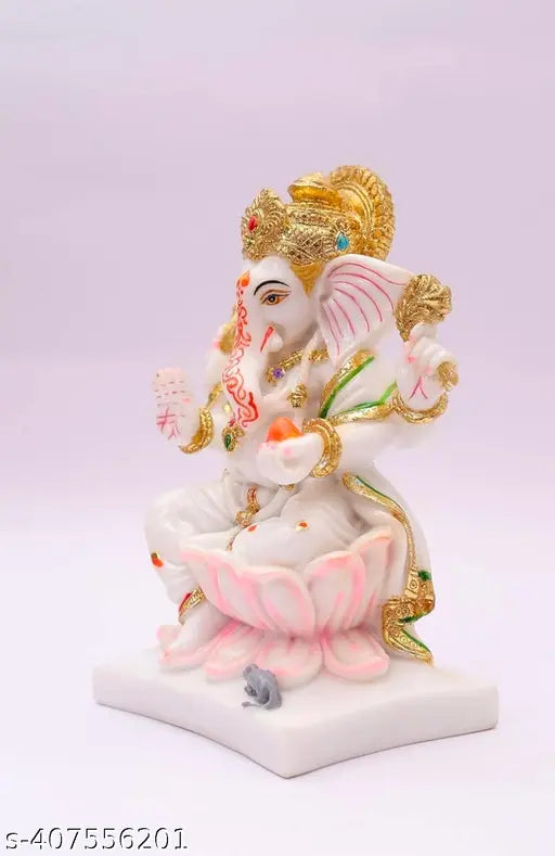 Marble Ganesh Idol, Beautiful Lord kamal - 4"L x 7"H x 3"B, Indian artisan crafted decorative piece