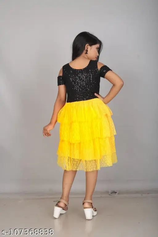 Embellished net party dress, modern one-piece design for kids aged 4-12 years, net sleeve with lining on top, India origin