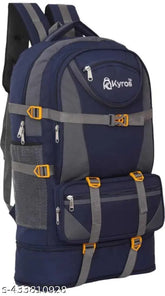 Blue expandable travel rucksack, polyester material, 2 compartments, up to 17" laptop, adjustable straps, metal zippers, suitable for hiking and camping