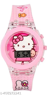 Trendy pink silicon, multicolor dial, digital watch for kids, glowing kitty cartoon design (Made in India)