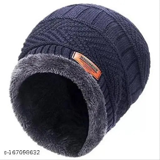 Warm navy windproof, snowproof unisex woolen-acrylic cap. Indoor/outdoor essential for winter