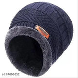 Warm navy windproof, snowproof unisex woolen-acrylic cap. Indoor/outdoor essential for winter