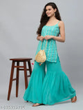 Georgette stitched kurta with sharara, embroidered striped net, sleeveless, India-made