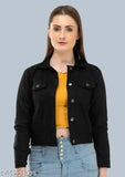 Denim solid women's jacket, black, long sleeves, size S-XL. (Black denim women's jacket on hanger)