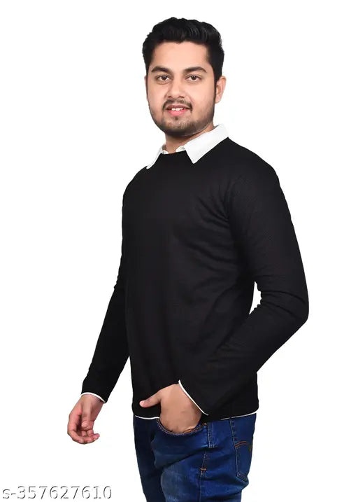 Black cotton full sleeve men's t-shirt with attached collar, fashionable and stylish for daily wear (L or XL), Indian origin
