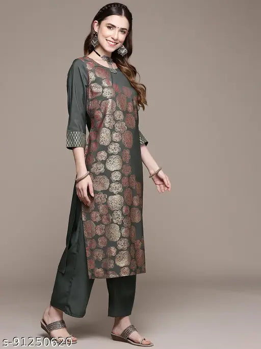 Dark Grey Crepe Kurta & Palazzo Set - Printed Indian women's fashion, three-quarter sleeves, round neck