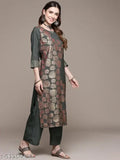 Dark Grey Crepe Kurta & Palazzo Set - Printed Indian women's fashion, three-quarter sleeves, round neck