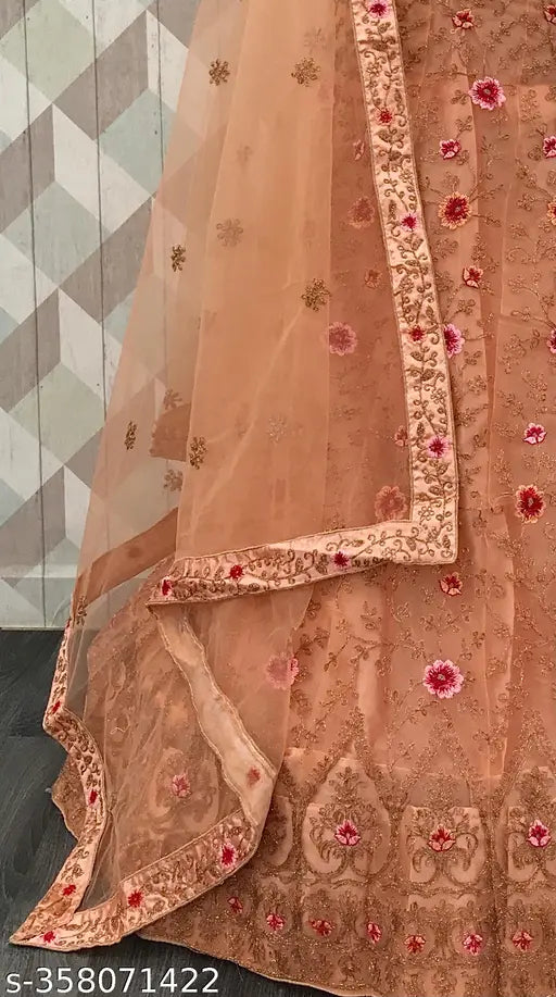 Embroidered net lehenga set with blouse and dupatta, Indian bridal wear for women, semi-stitched (waist size: 43in, length: 43in, dupatta length: 2.5in)