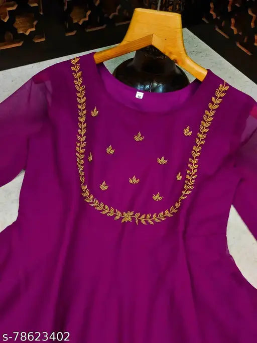 Handwork Georgette Kurti, embroidered three-quarter sleeve, Indian ethnic fashion for women, size XXL (bust 44 inches)