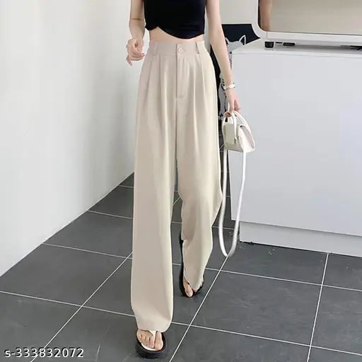 Beige cotton blend Korean pants, double pleated, loose fit, wide leg - office wear from India