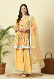 Mustard floral rayon kurti and sharara set with dupatta - vibrant printed rayon kurti and bottomwear for women, stitched net design on display