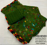 Stylish Georgette saree fabric with rainbow border, printed in matching pattern, single size, India origin
