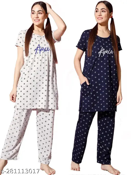 Anixa women's short sleeve cotton nightdress set (Set 2), printed pattern, free size, comfortable sleepwear
