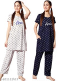Anixa women's short sleeve cotton nightdress set (Set 2), printed pattern, free size, comfortable sleepwear