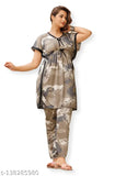 Printed satin nightsuit for women, long, short sleeves, Indian-made pyjamas with net pattern