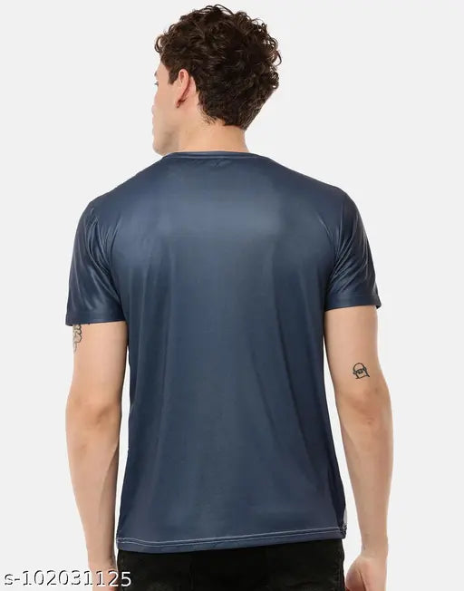 Black and blue printed mens t-shirt, polyester, short sleeves, monochromatic design - casual wear on model