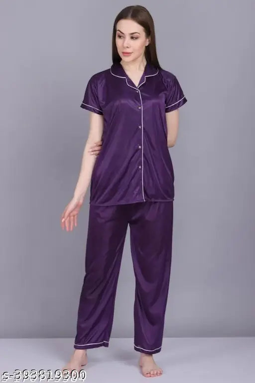 Black satin women's pajama suite with short sleeves, free size