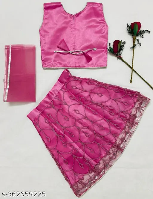 Sleeveless baby girls Lehnga Choli combo in Super Net, Mirror Work design for various occasions. Indo-Western style on display." (125 characters)