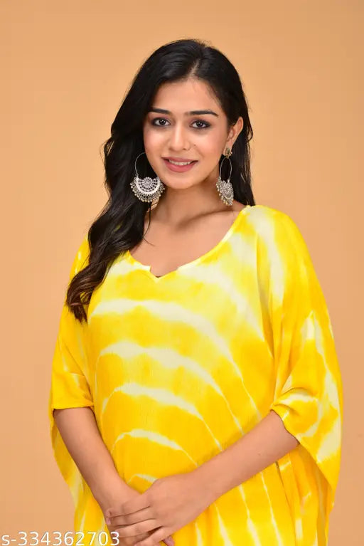 Yellow tie dye rayon crepe kaftan kurta with v-neck, three-quarter sleeves, and calf length, available in multiple sizes