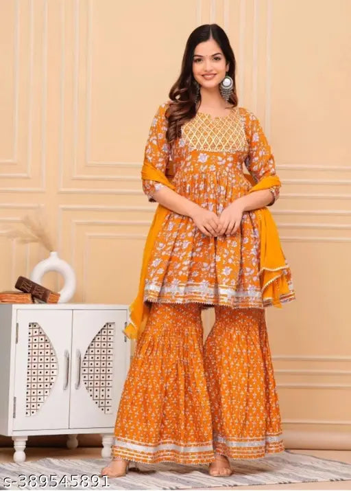 Orange rayon embroidered Anarkali kurti set with Sharara and dupatta, 3-piece Indian fashion trending suit. Hand-stitched according to standard sizes