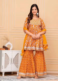 Orange rayon embroidered Anarkali kurti set with Sharara and dupatta, 3-piece Indian fashion trending suit. Hand-stitched according to standard sizes