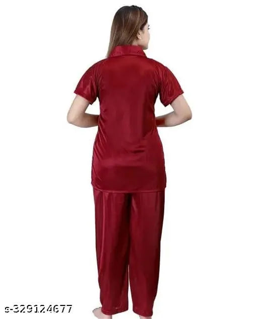 Soft satin pajama set, free size, elastic closure, India-made women's nightwear