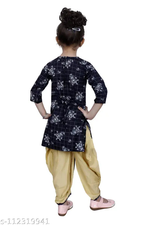 Navy Blue Designer Checked Patiala Suit for Girls by Hariyal Creation - Cotton Silk Anarkali style, knee length, short sleeves. Indian ethnic girls wear in various sizes: 3-4yrs (19in/22in), 4-5yrs (20in/23in), 5-6yrs (21in/25in), 6-7yrs (23in/27in), 7-8yrs (24in/28in), 8-9yrs (25in/30in). Made in India