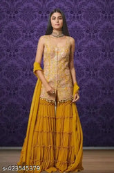 Navratri Collection Sharara Set for Women - Georgette embellished yellow kurti set with dupatta and bottomwear, Indian traditional plazzo suit with extra sleeves