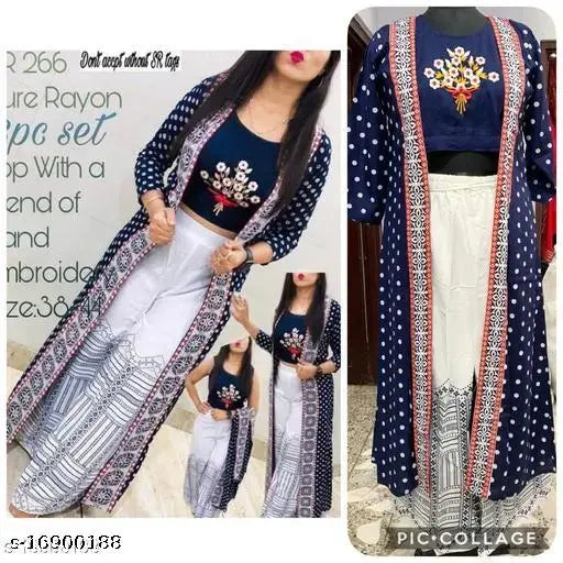 Rayon embroidered crop top kurta with palazzos, three-quarter sleeves, Indian women's fashion