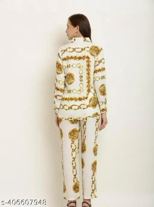 White crepe co-ord set with shrug for women, golden chain print on display stand