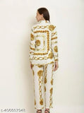White crepe co-ord set with shrug for women, golden chain print on display stand