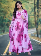 Purple Georgette Women's Gown with Digital Flower Print, perfect for weddings or parties