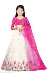 Embroidered Dupion Silk Kida Lehengha choli with net dupatta and semi-stitch net fabric, 8-12 year old size, featuring cut work border and inner of silk