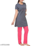 Pink and grey printed cotton night suit set for women and girls, featuring a relaxed fit, round neck, short sleeves, slant pockets, drawstring waist, and one side pocket. Ideal for leisure, sleepwear, loungewear, active-wear, or everyday wear