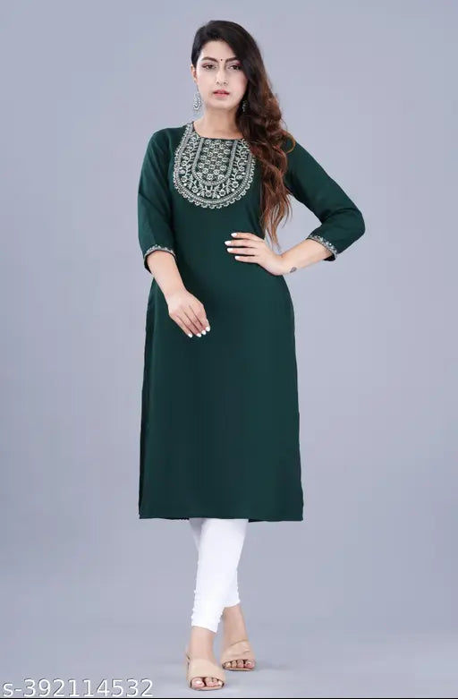 Rayon embroidered kurtis with three-quarter sleeves, trendy women's clothing from India