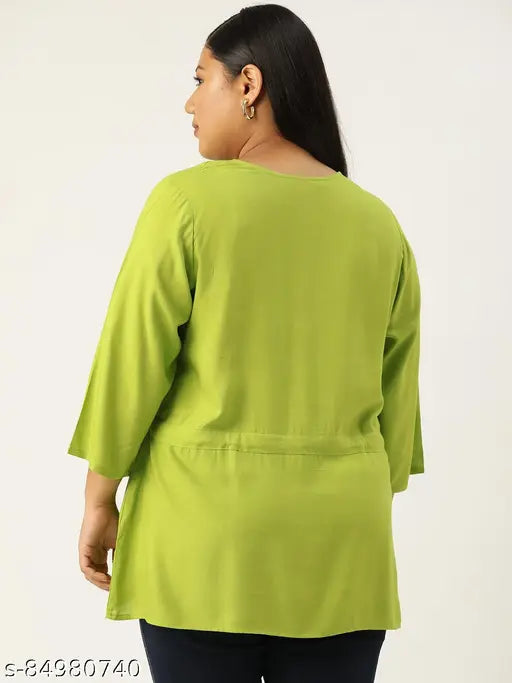 Green & white viscose rayon plus size top with tie-up detail, features three-quarter sleeves and v-neck