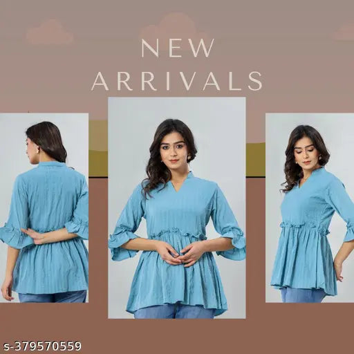 Cotton blend solid color ruffle sleeve pleated top for women and girls, three-quarter sleeves, Indian origin