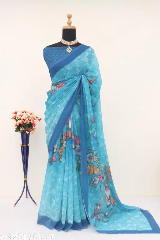 Georgette floral digital print saree with running blouse piece, Indian-made wedding wear in free size (saree length: 5.5m, blouse length: 0.8m)