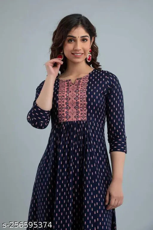 Blue rayon Anarkali for women, three-quarter sleeve, printed combo. Woman wearing Indian fashion outfit on mannequin