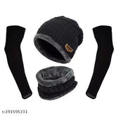 Woolen cap with face cover & neck warmer (solid), cotton sleeves set for winter's warmth - 3-in-1 hat scarf & gloves set (India)