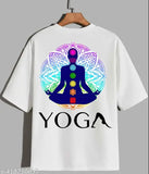 White polyester International Yoga Day printed half sleeves t-shirt for men and women, perfect for yoga enthusiasts worldwide